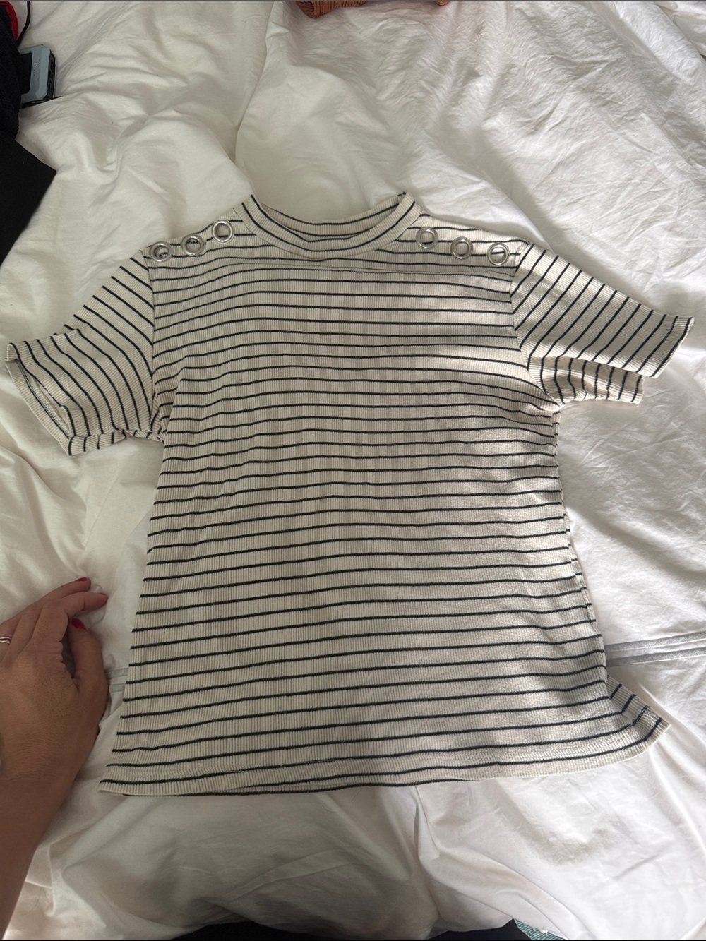 Zara Cream and Black Striped Short Sleeve Top with Shoulder Rings